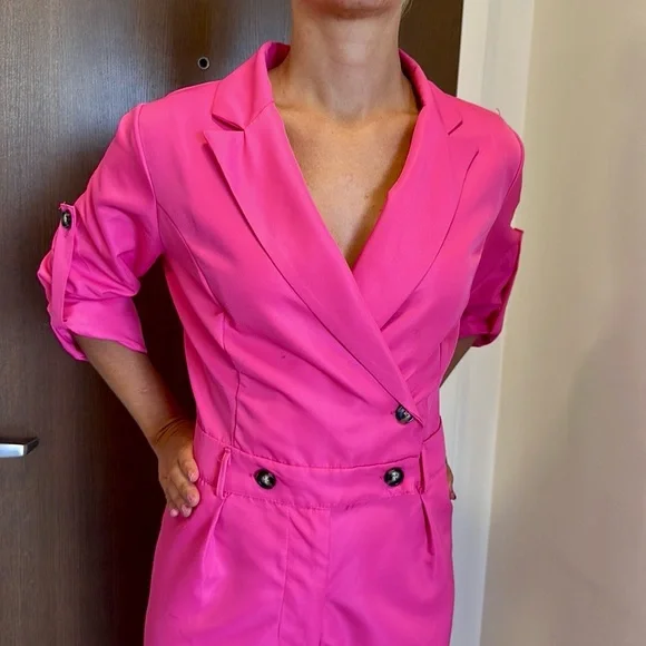 Barbie Pink Double Breasted Button Jumpsuit w/belt loops & hidden zipper - Picture 3 of 10